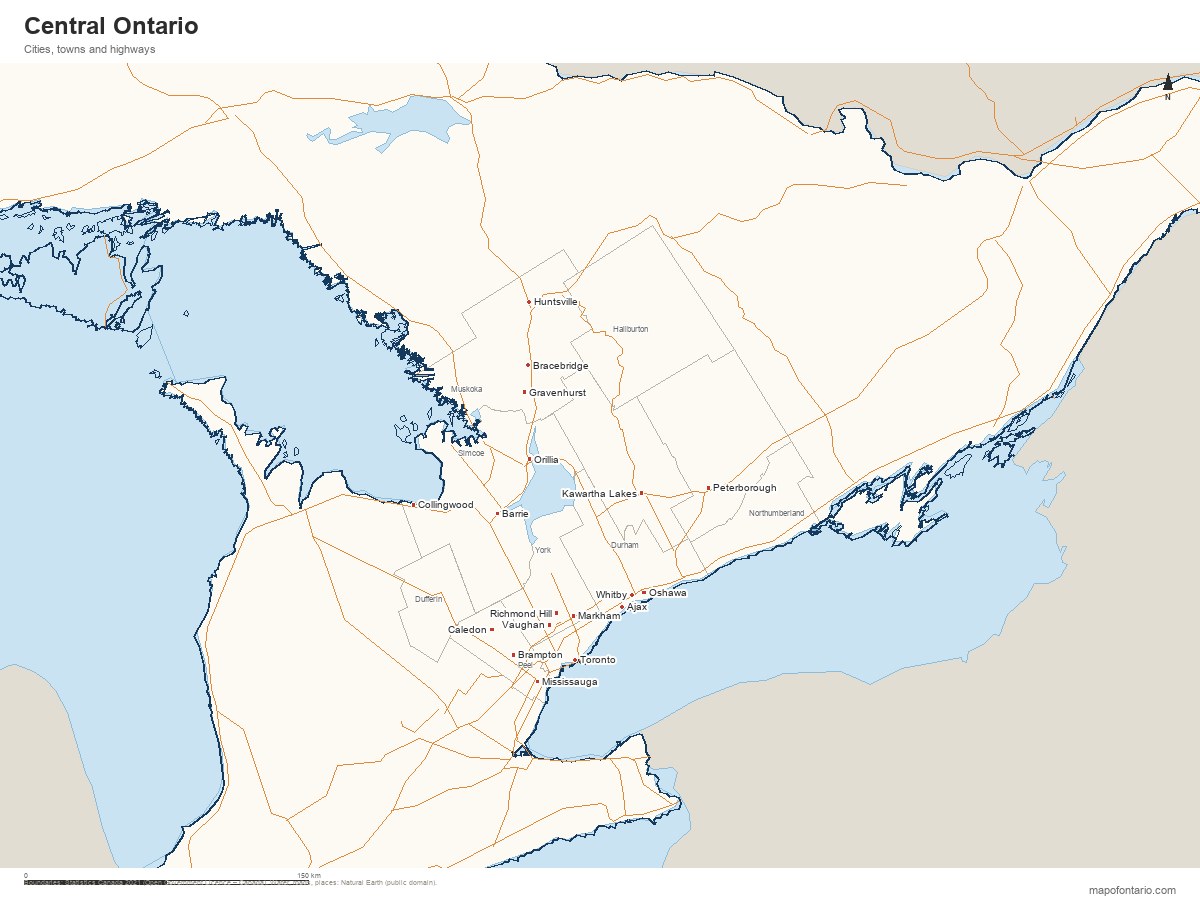 Map of Central Ontario showing major cities and boundaries