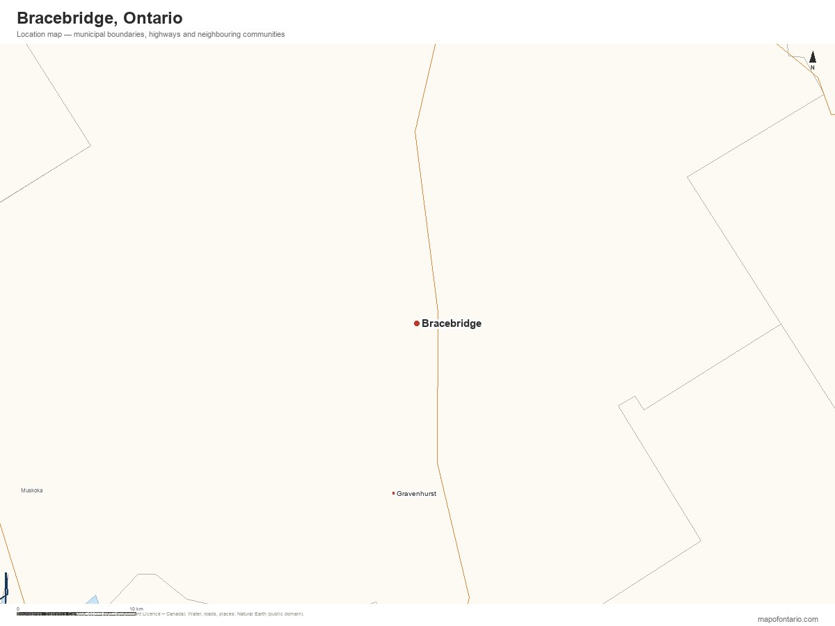 Printable map of Bracebridge, Ontario showing municipal boundaries, highways and neighbouring communities