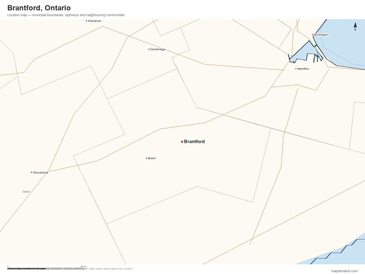 Printable map of Brantford, Ontario showing municipal boundaries, highways and neighbouring communities