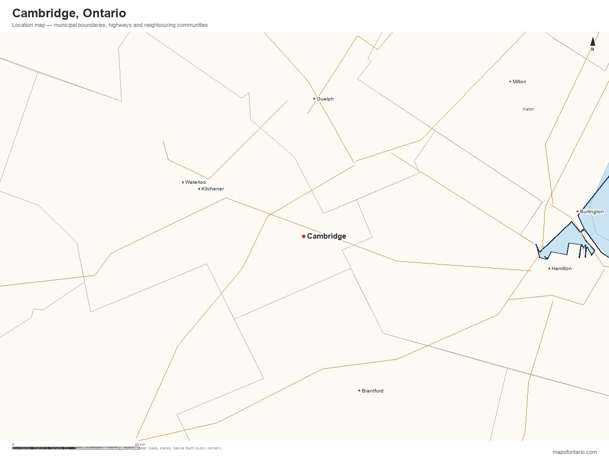 Printable map of Cambridge, Ontario showing municipal boundaries, highways and neighbouring communities