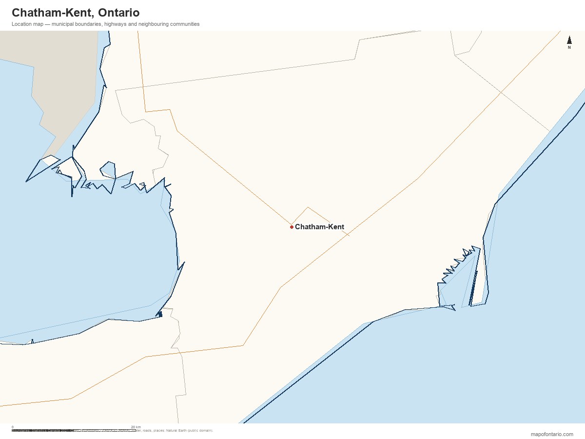 Printable map of Chatham-Kent, Ontario showing municipal boundaries, highways and neighbouring communities
