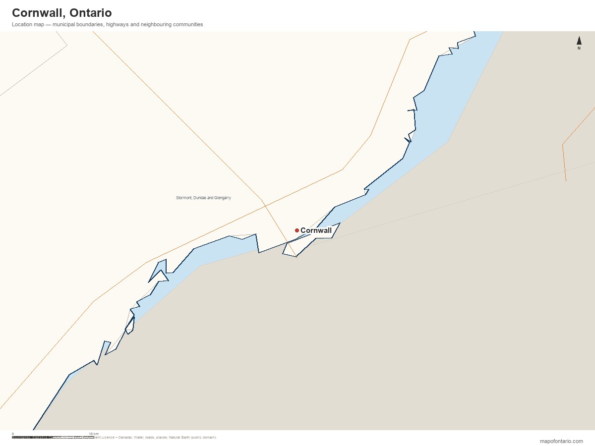 Printable map of Cornwall, Ontario showing municipal boundaries, highways and neighbouring communities