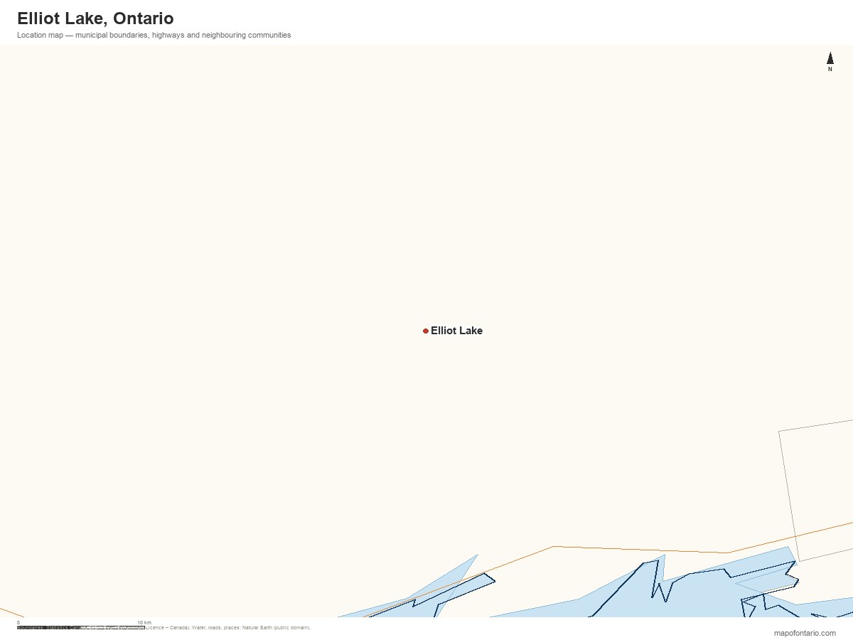 Printable map of Elliot Lake, Ontario showing municipal boundaries, highways and neighbouring communities