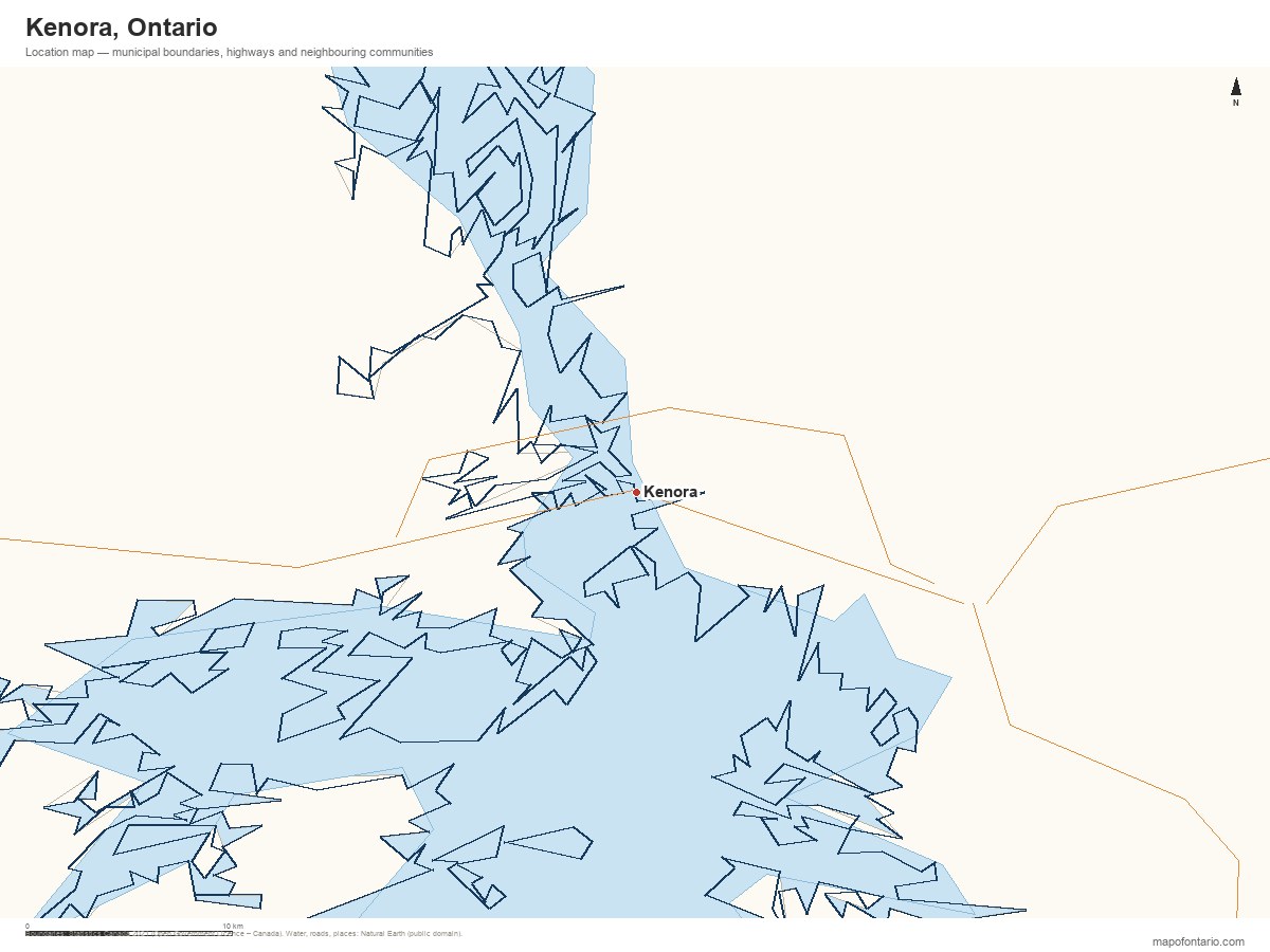 Printable map of Kenora, Ontario showing municipal boundaries, highways and neighbouring communities