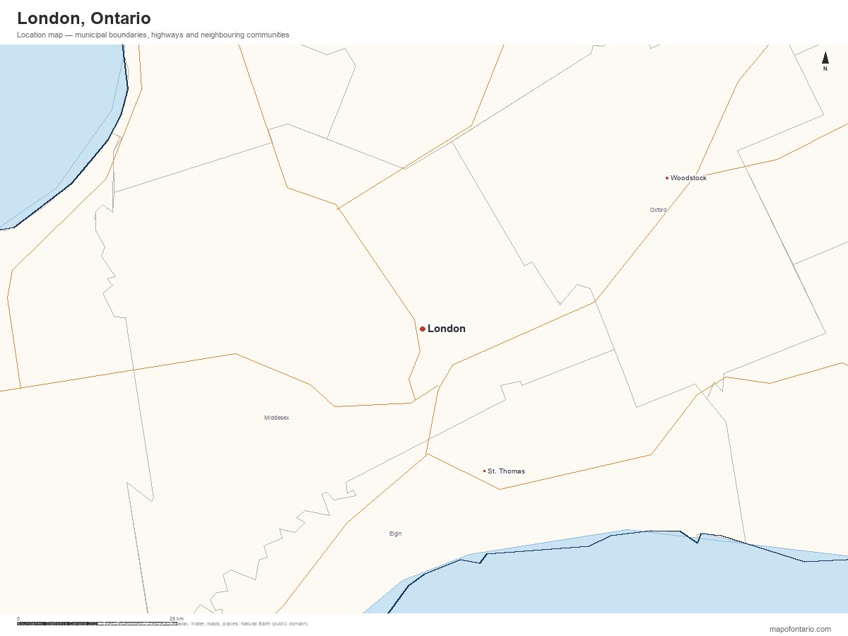 Printable map of London, Ontario showing municipal boundaries, highways and neighbouring communities