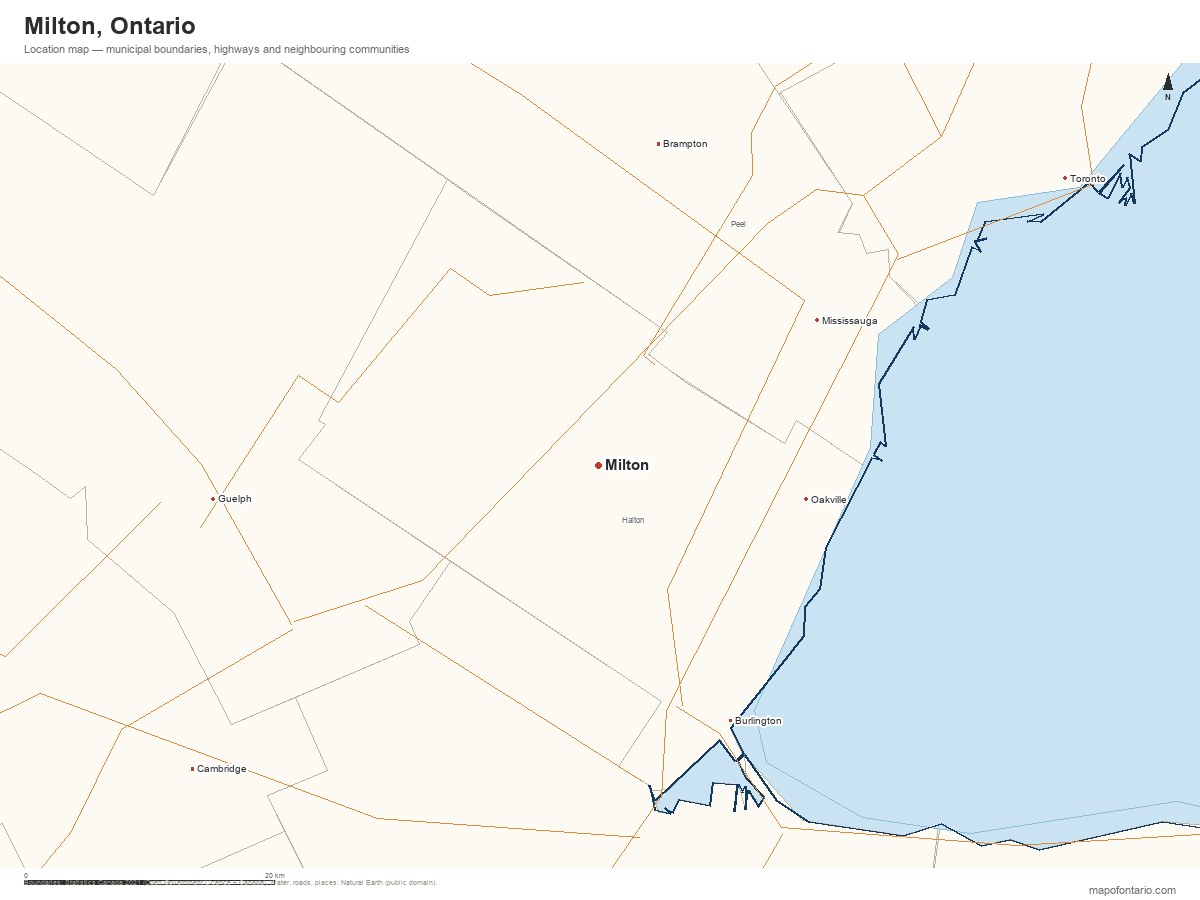 Printable map of Milton, Ontario showing municipal boundaries, highways and neighbouring communities