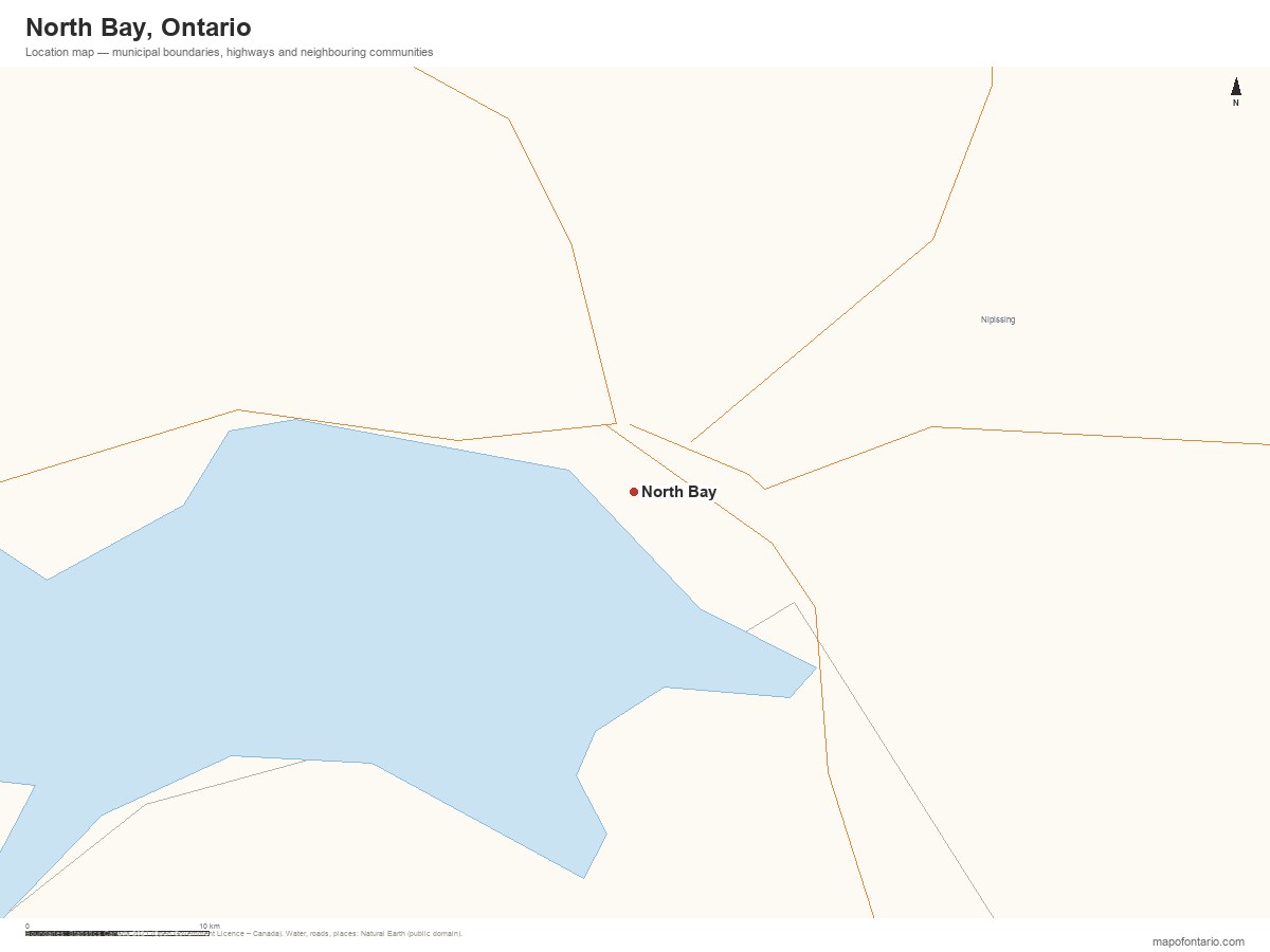 Printable map of North Bay, Ontario showing municipal boundaries, highways and neighbouring communities