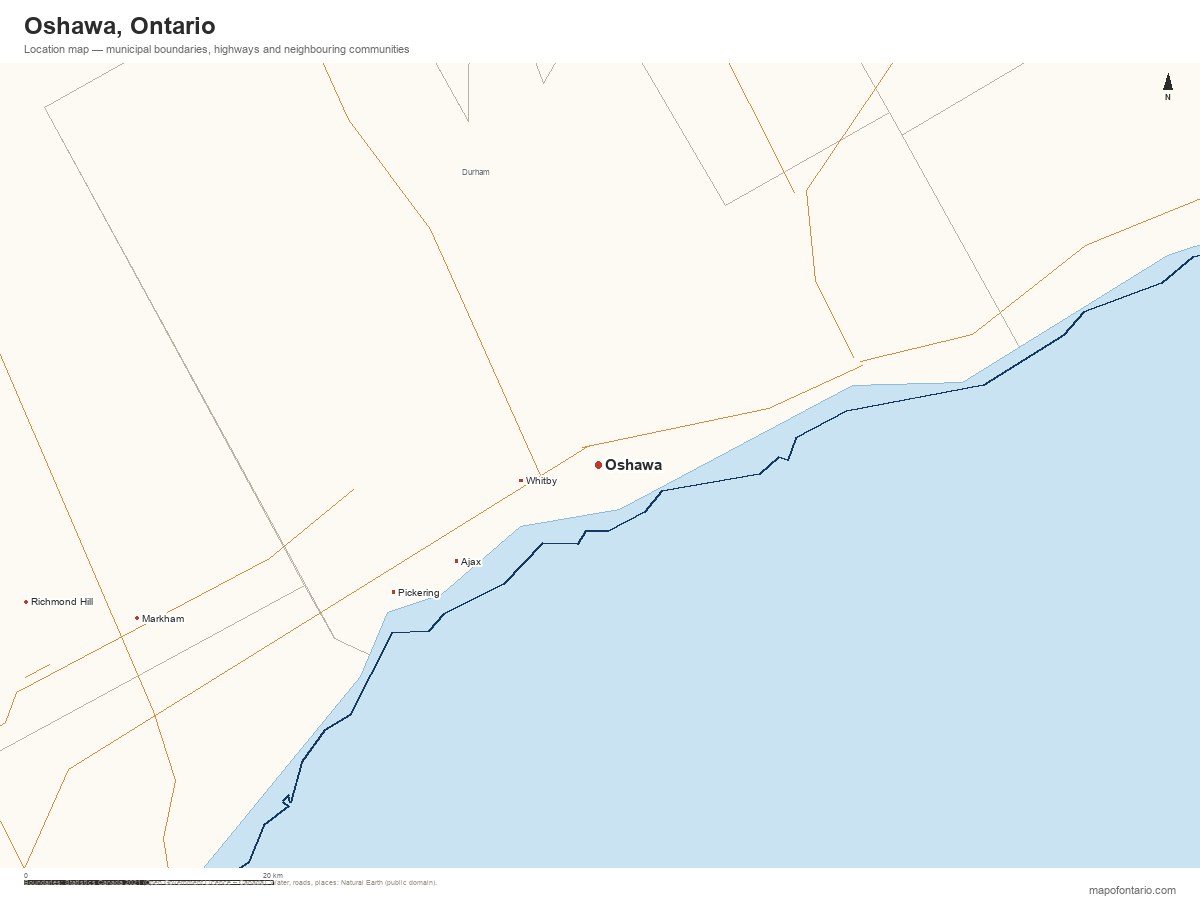 Printable map of Oshawa, Ontario showing municipal boundaries, highways and neighbouring communities