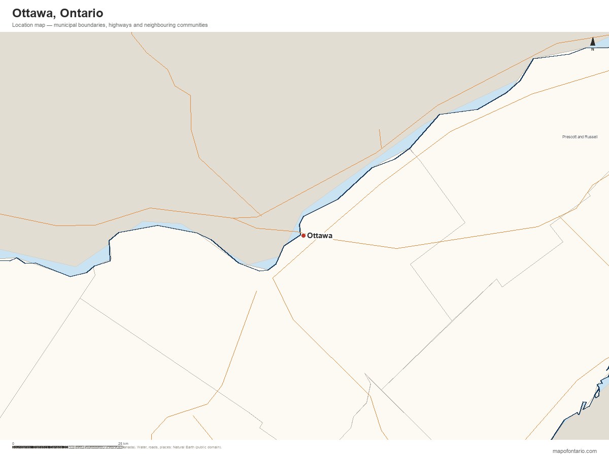 Printable map of Ottawa, Ontario showing municipal boundaries, highways and neighbouring communities