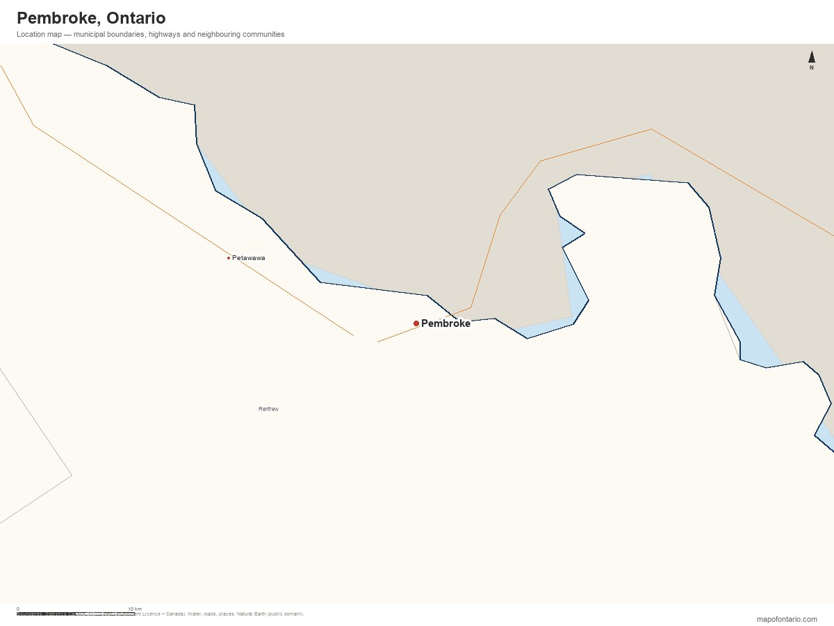Printable map of Pembroke, Ontario showing municipal boundaries, highways and neighbouring communities