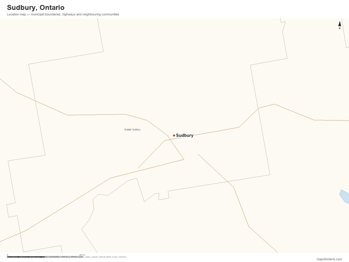 Printable map of Sudbury, Ontario showing municipal boundaries, highways and neighbouring communities