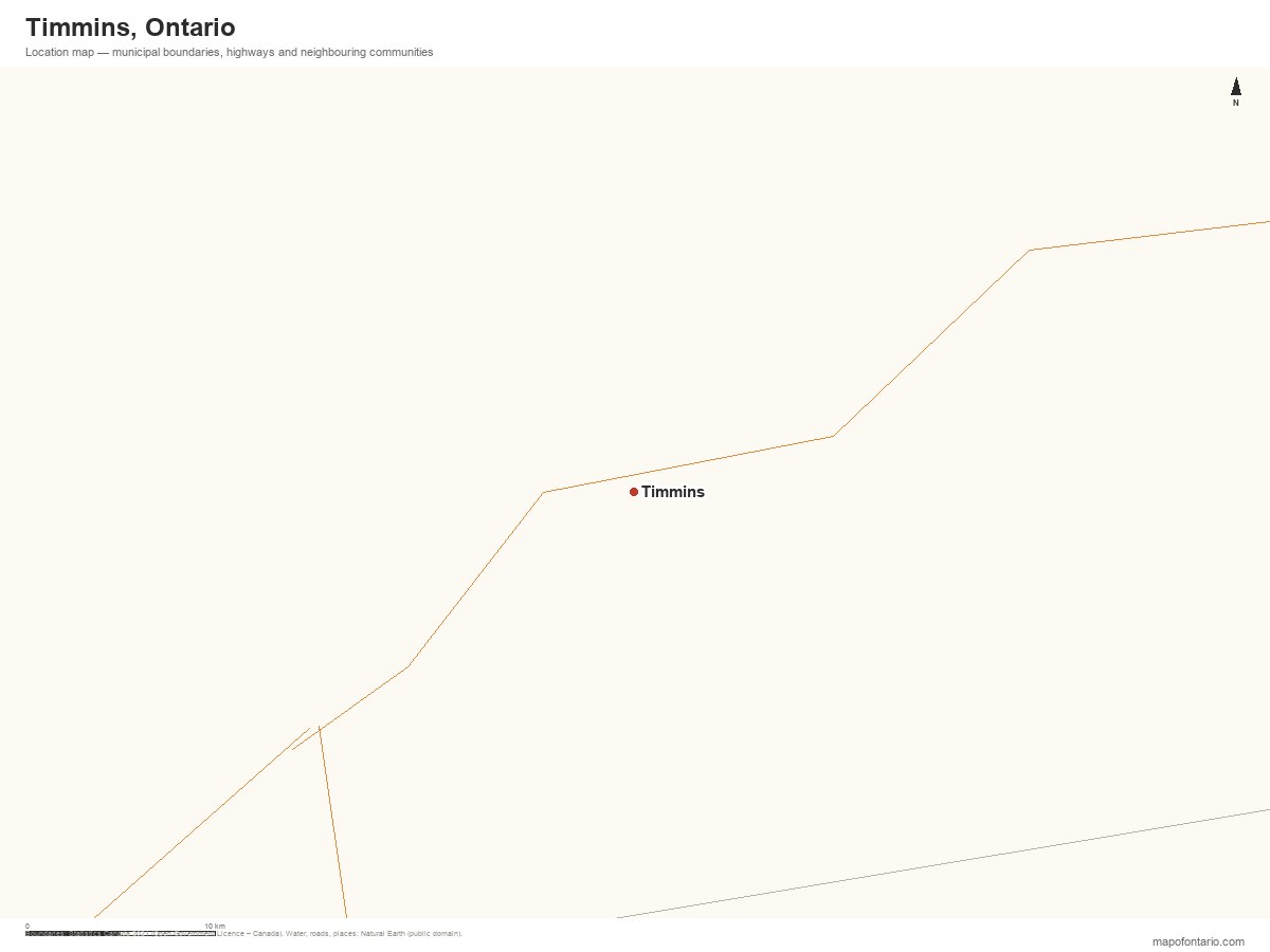Printable map of Timmins, Ontario showing municipal boundaries, highways and neighbouring communities