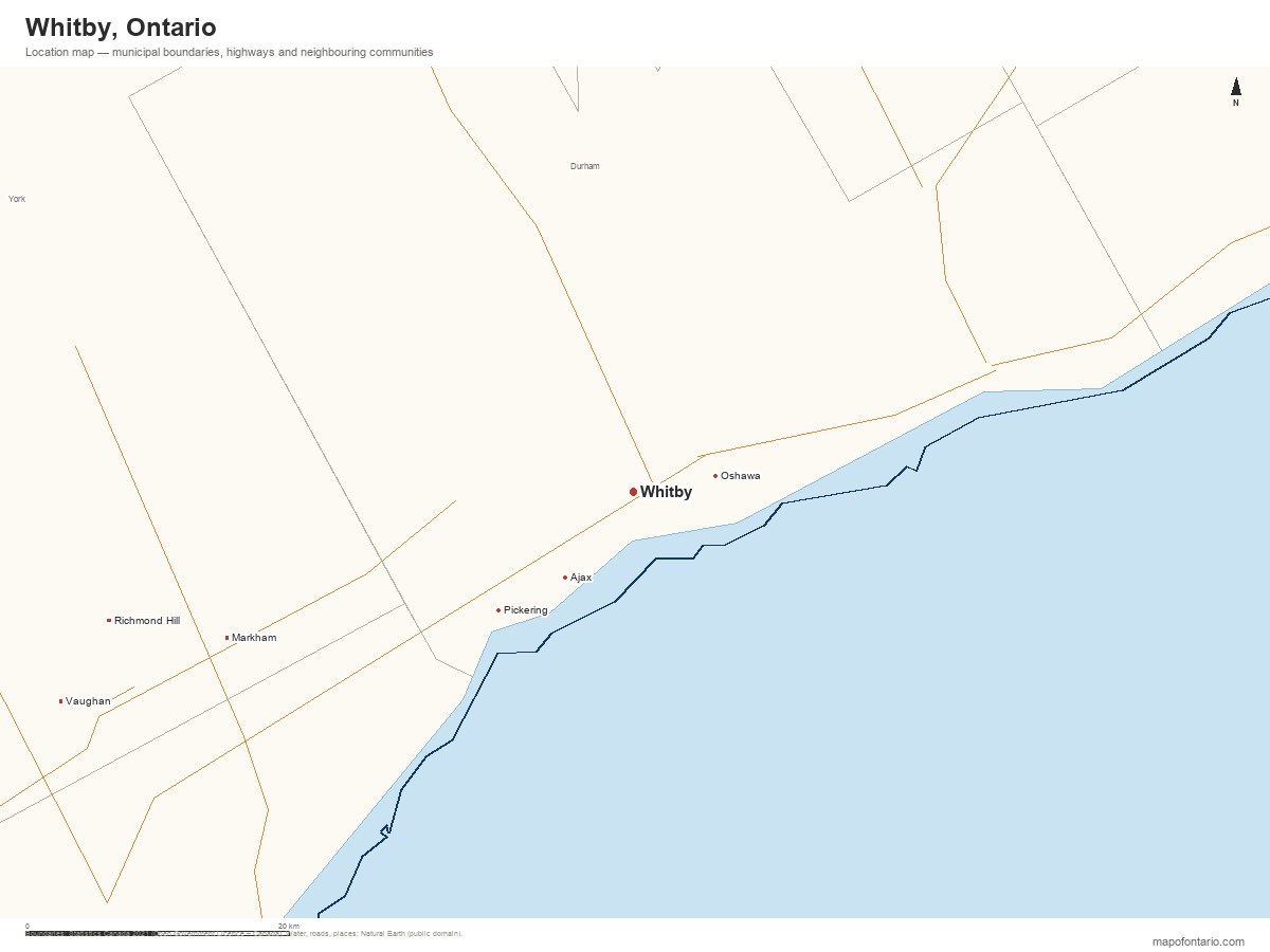 Printable map of Whitby, Ontario showing municipal boundaries, highways and neighbouring communities